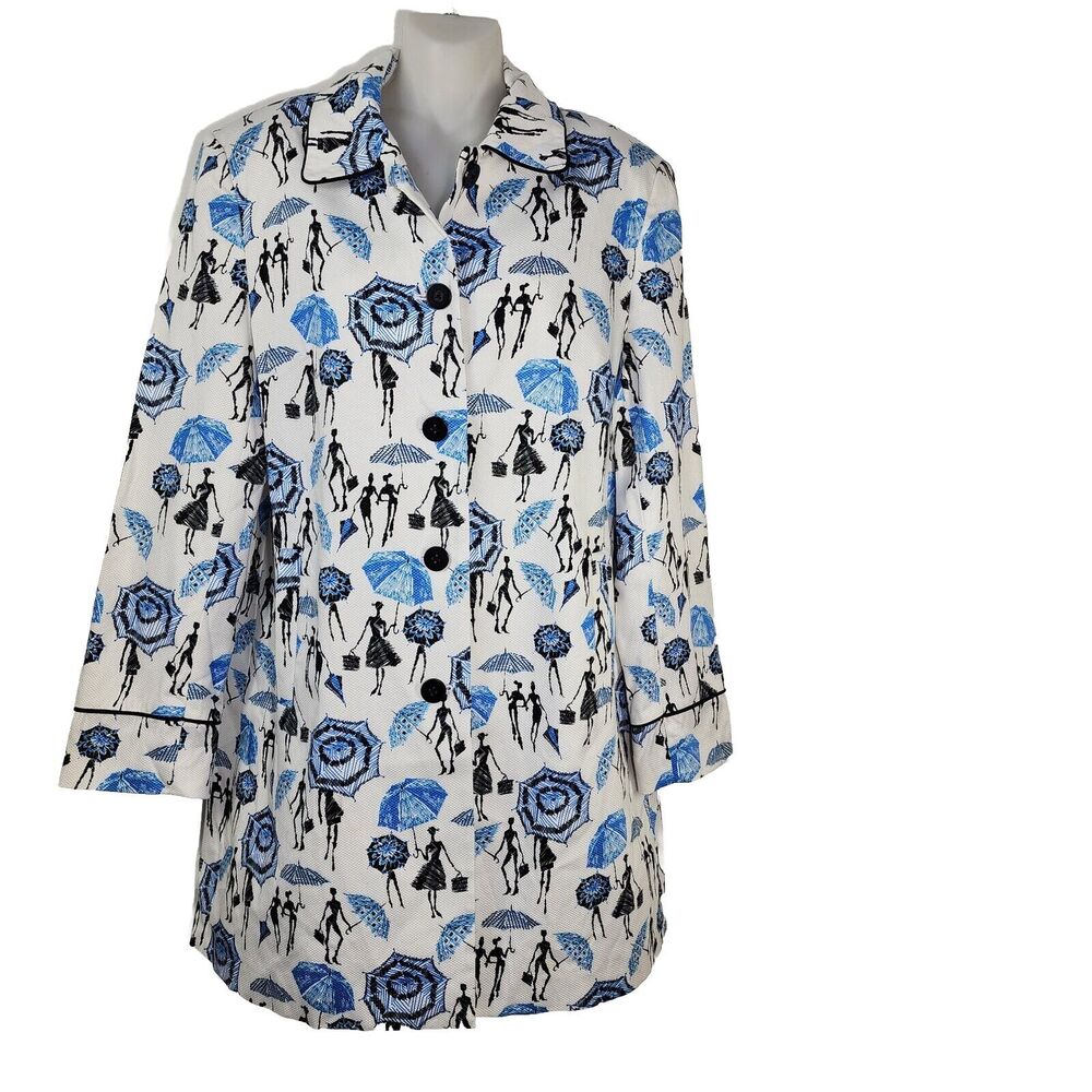 Grace Elements Womens Jacket Size 12 Blue White Fashion Umbrella Button Up Lined
